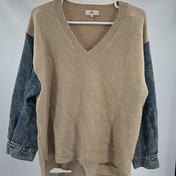 Entro Tan V-Neck denim sleeve contrast distressed sweater casual mixed material - Picture 9 of 13